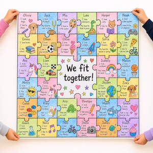 Puede incluir: Un rompecabezas colorido con la frase "We fit together!" y piezas individuales con nombres y dibujos de varios intereses. El rompecabezas está sostenido por varias manos.