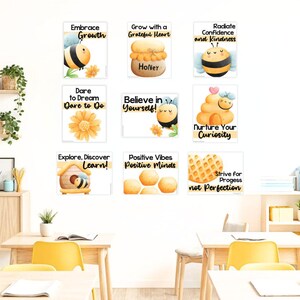 Può includere: Nove poster colorati con illustrazioni di api e citazioni motivazionali. I poster sono stampati su carta bianca e hanno uno schema di colori giallo e nero. Le citazioni includono "Embrace Growth", "Grow with a Grateful Heart", "Radiate Confidence and Kindness", "Dare to Dream Dare to Do", "Believe in Yourself", "Nurture Your Curiosity", "Explore, Discover Learn", "Positive Vibes Positive Minds", e "Strive for Progress not Perfection".