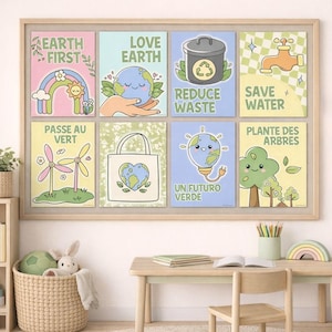 Earth Day Bulletin Board Posters, Composition Notebook, Printable Multilingual - French & Spanish Decor, Editable