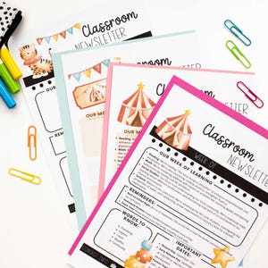 Puede incluir: Una plantilla de boletín de clase rosa, azul y verde con un tema de circo. El boletín incluye una sección para "Nuestra semana de aprendizaje" con una lista de temas y actividades. También hay una sección para "Fechas importantes" con una lista de eventos próximos.