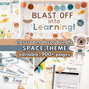Può includere: Un pacchetto di decorazioni per la classe a tema spaziale, con una bacheca con la scritta "BLAST OFF into Learning!". Include etichette nominative modificabili, una newsletter e altri materiali didattici.