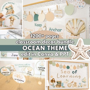 May include: A classroom decor bundle with an ocean theme. The image features various decorative elements, including a starfish, seashell, and mermaid illustrations. Text includes "Sea of Learning" and "Ocean Theme".