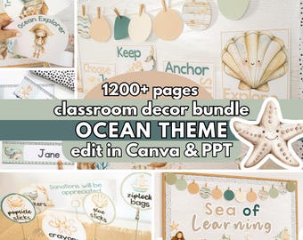 May include: A classroom decor bundle with an ocean theme. The image features various decorative elements, including a starfish, seashell, and mermaid illustrations. Text includes "Sea of Learning" and "Ocean Theme".