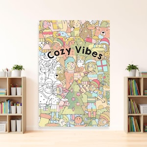 May include: A colorful illustration with the text "Cozy Vibes" features a festive scene with cartoon characters, Christmas trees, and gifts. The artwork is in a doodle style with a variety of pastel colors, creating a cheerful and inviting atmosphere.