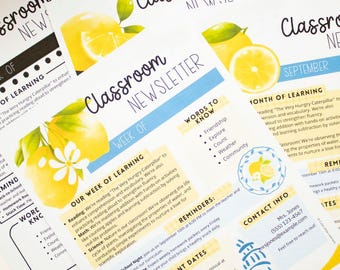 Szablony biuletynów klasowych Coastal Lemon | Edytowalne projekty tygodniowe i miesięczne na cały rok