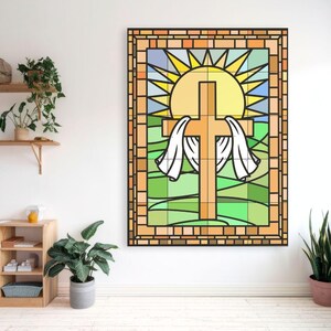 May include: A stained glass window design featuring a cross with a sun and clouds behind it. The cross is brown, the sun is yellow, and the clouds are white. The background is a green and blue mosaic.