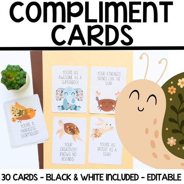 Editable Compliment Cards - Kindness and Gratitude, Wildflowers & Animals Themed - Kindness Month, Thanksgiving