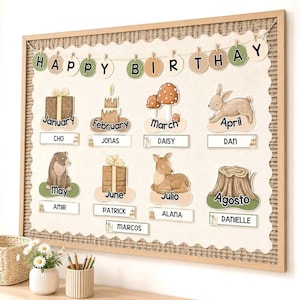 Présentoir d'anniversaire dans les bois, tableau d'affichage d'anniversaire modifiable et décoration de salle de classe, graphiques d'anniversaire en anglais et en espagnol