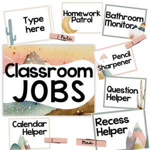 May include: Classroom jobs chart with a watercolor mountain landscape design. The chart includes job titles like "Homework Patrol", "Bathroom Monitor", "Pencil Sharpener", "Question Helper", "Recess Helper", and "Calendar Helper".