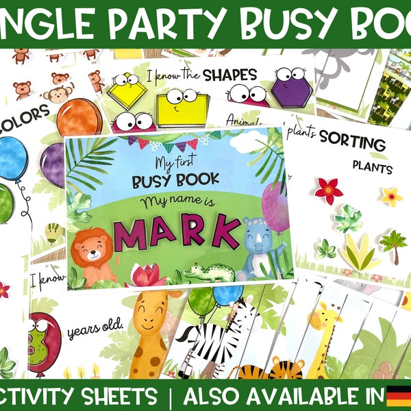 Jungle Party Busy Book, Quiet Learning, Personalized for Toddlers in Preschool and Kindergarten, or Homeschooling + French and German