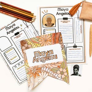 May include: Educational resources featuring "Maya Angelou", including colouring pages with floral patterns, a portrait, and lined templates. Also visible are coloured pencils and a pen. Metric measurements are used.