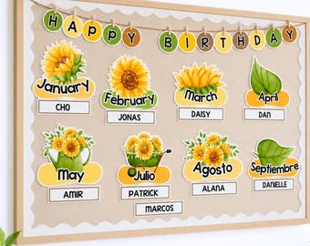 Decoración para el aula con tabla de cumpleaños de girasol / Kit de exhibición de boletín bilingüe editable - Inglés y español, bilingüe