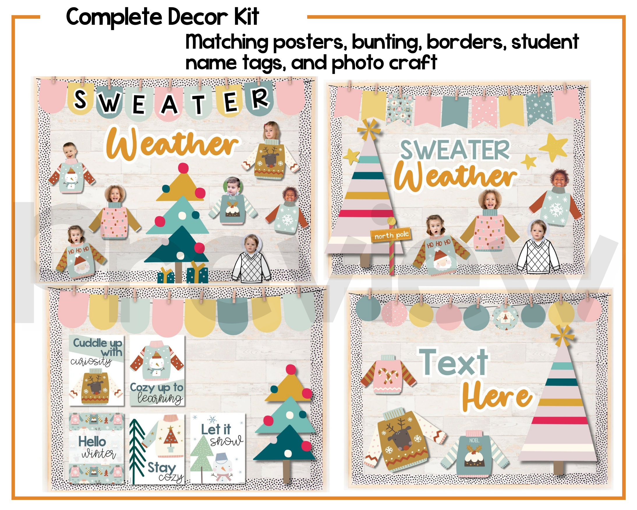 Dunzoom 77-teiliges Winter-Pinnwand-Set – Mit Hässlichen Weihnachtspullover-Motiven, Bordüren & Weihnachtsbaum-Ausschnitten
