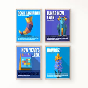 Puede incluir: Cuatro carteles enmarcados con fondos azules. Los carteles presentan ilustraciones y texto para Rosh Hashanah, Año Nuevo Lunar, Día de Año Nuevo y Nowruz. Cada cartel tiene un marco de madera.