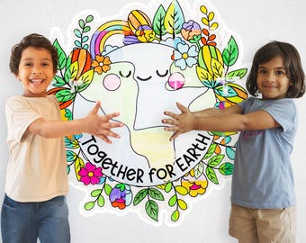 May include: A large, circular wall decal featuring a colorful, hand-drawn style illustration of a smiling Earth surrounded by vibrant flowers, leaves, and a rainbow. The text "Together for EARTH" is printed in bold black letters across the center.