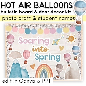 Tablón de anuncios de primavera con globos aerostáticos y decoración interactiva para el aula + banderines editables, carteles imprimibles y sugerencias de escritura