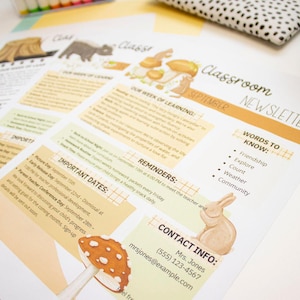 Plantillas editables para boletines informativos de animales del bosque, noticias semanales y mensuales para el aula, boletín informativo de 12 meses