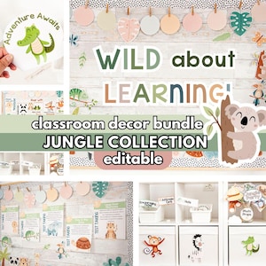 Jungle Safari Editable Classroom Decor Bundle, Bulletin Boards, Back to School Open House & Meet the Teacher Kits, Newsletters, Daily Slides