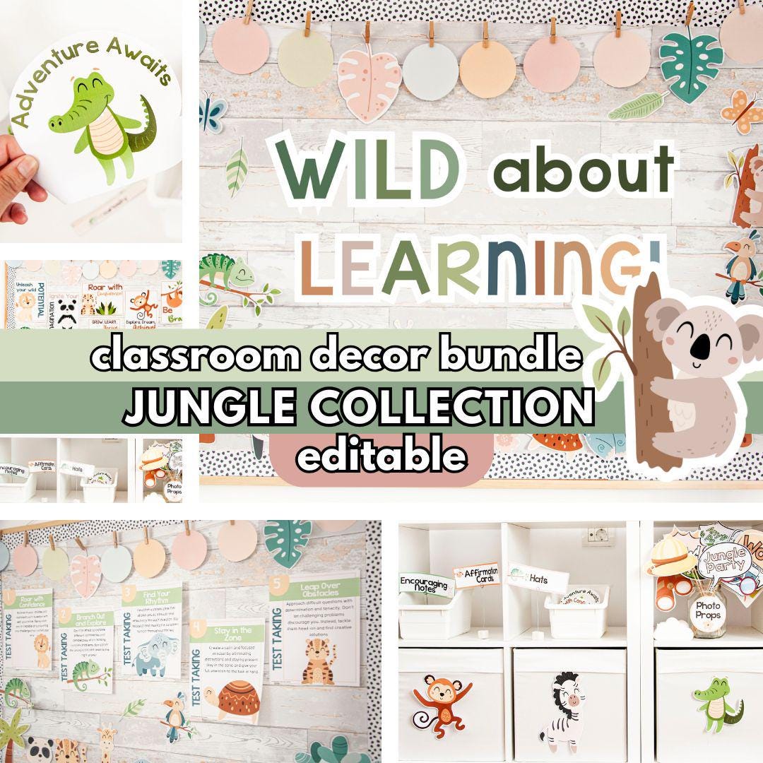 Jungle Safari Editable Classroom Decor Bundle, Bulletin Boards, Back to School Open House & Meet the Teacher Kits, Newsletters, Daily Slides