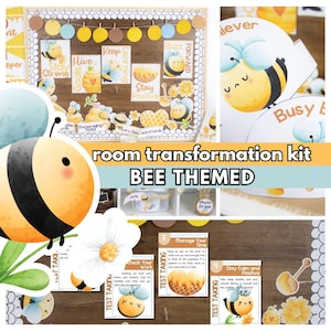 May include: A bee-themed classroom transformation kit with colorful decorations, posters, and signs. The kit includes a variety of bee-themed elements, such as honeycomb patterns, bee illustrations, and the words "Stay Strong", "Hive Goals", "Keep Learning", "Stay Positive", and "Buzz Forward".