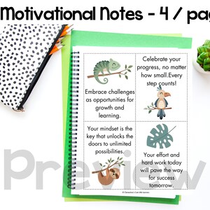 May include: A set of four motivational notes with jungle animal illustrations. The notes feature inspirational quotes such as "Embrace challenges as opportunities for growth and learning." and "Your effort and hard work today will pave the way for success tomorrow."