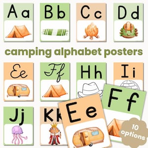 Alphabet Posters Camping Theme, Bulletin Board Idea, Printable Classroom Decor in Primary & Cursive Fonts