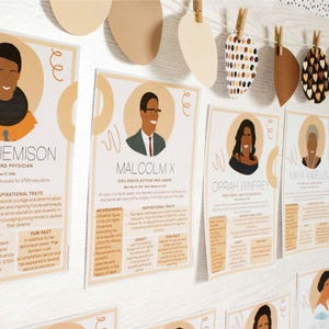 Biografieposters Black History Month voor prikbord, afdrukbaar klasdecor, biografiekaarten