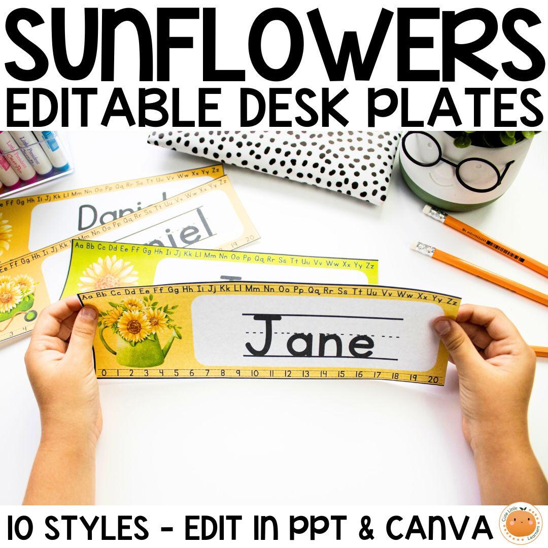 Editable Desk Name Tags With Letters and Numbers Sunflower Themed ...