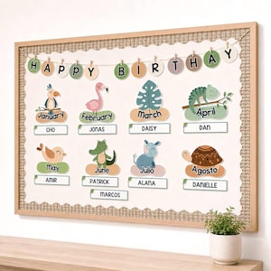 Djungelsafari födelsedagsdisplay, redigerbar födelsedagsanslagstavla och klassrumsdekor, engelska + spanska födelsedagsdiagram