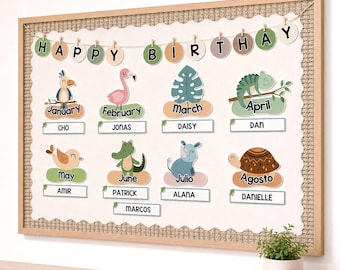 Jungle Safari Birthday Display, Editable Birthday Bulletin Board & Classroom Decor, English + Spanish Bday Charts