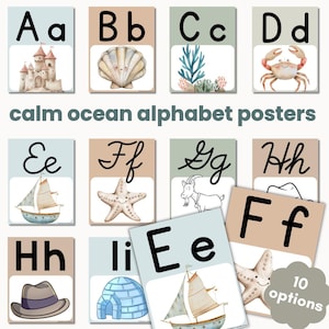 Alphabet Posters for Classroom Decor, Calm Ocean Theme, Bulletin Board Idea, Cursive Letters
