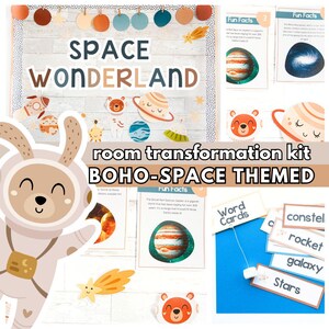 May include: A boho-themed space room transformation kit with a cute bunny astronaut, planets, stars, and word cards. The kit includes fun facts about space, such as the Great Red Spot on Jupiter.