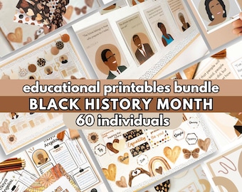 May include: A set of 60 printable educational resources for Black History Month. The printables feature illustrations of notable Black figures, quotes, and other educational elements. The printables are designed in a brown, black, and white colour scheme with a modern aesthetic.