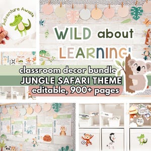 Może przedstawiać: Zestaw dekoracji do klasy o tematyce safari w dżungli. Obraz zawiera różne elementy, w tym znak z napisem "Wild About Learning", ilustracje zwierząt i edytowalne materiały. Zestaw zawiera ponad 900 stron zasobów.