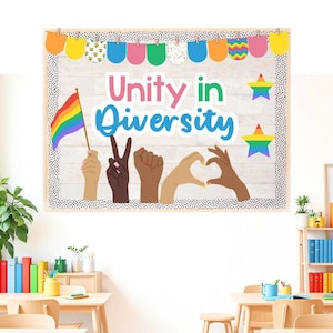 May include: A bulletin board with a white background and black polka dots. The bulletin board has a rainbow flag, colorful hand cutouts, and the words "Unity in Diversity".