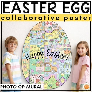affiche collaborative d'oeufs de Pâques | Impression murale à colorier, activité, salle de classe ou école à la maison