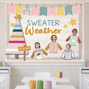 Tablón de anuncios y decoración para el aula sobre el clima invernal con suéteres + versiones editables / Decoración para el aula imprimible y manualidad con imágenes divertidas de suéteres