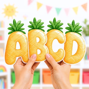 Ananas Buchstaben und Zahlen für Pinnwand, Klassenzimmerwände und Türdekor, bearbeitbar - Power Point + Canva