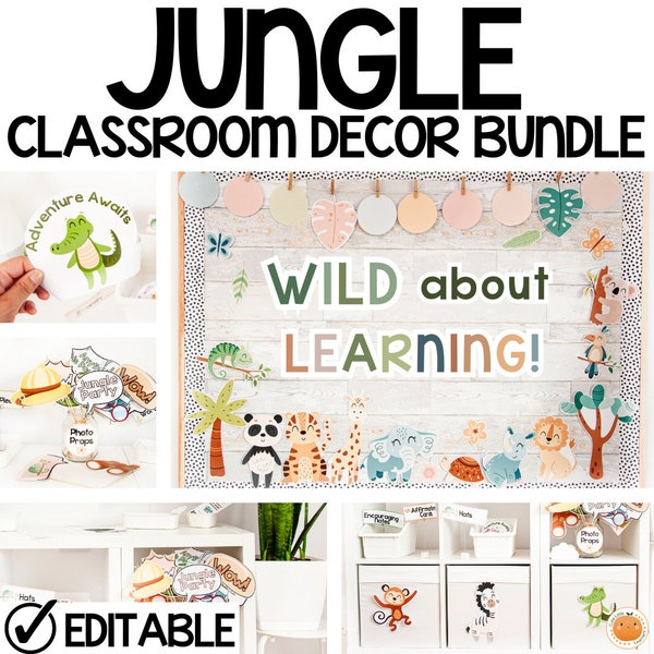 Jungle Safari Editable Classroom Decor Bundle, Bulletin Boards, Back to School Open House & Meet the Teacher Kits