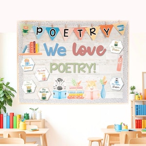 Może przedstawiać: Tablica ogłoszeniowa ozdobiona kolorową flagą z napisem "POETRY" i tabliczką z napisem "We love POETRY!" Tablica jest również ozdobiona ilustracjami zwierząt i różnymi rodzajami poezji.