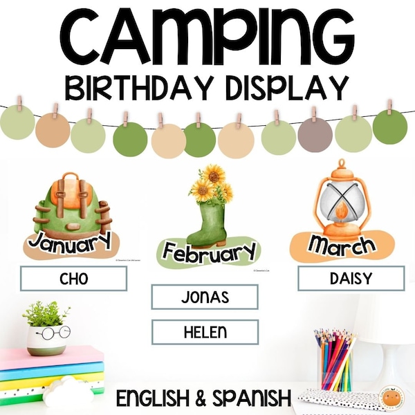 Birthday Display - Camping Themed, Editable Birthday Bulletin Board & Classroom Decor, English + Spanish Versions