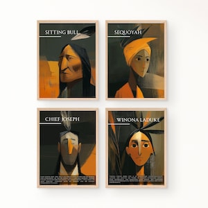 May include: Four framed art prints featuring portraits of historical figures: Sitting Bull, Sequoyah, Chief Joseph, and Winona LaDuke. Each portrait is rendered in a stylized, painterly style with a warm color palette of oranges, browns, and greens.