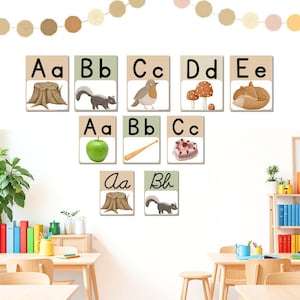 Pósteres del alfabeto con temática de bosque para decorar el aula y el tablón de anuncios. Pósteres imprimibles de gran formato para usar en el aula.