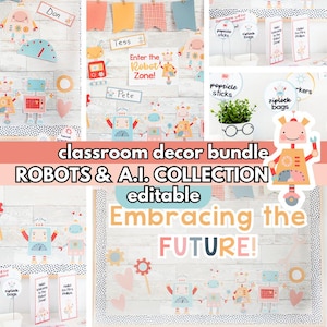 Robots Classroom Decor Bundle, Editable Bulletin Board Ideas, Back to School Meet the Teacher Kits, Newsletters, Daily Slides Theme Pack