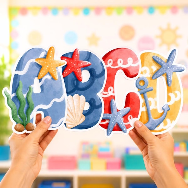 Beach and Ocean Letters and Numbers, Editable Bulletin Board & Door Titles, Nautical Classroom Decor