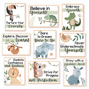 Posters med djungeltillväxttänkande | Dekoration för safariklassrum | Anslagstavla med djurbekräftelse