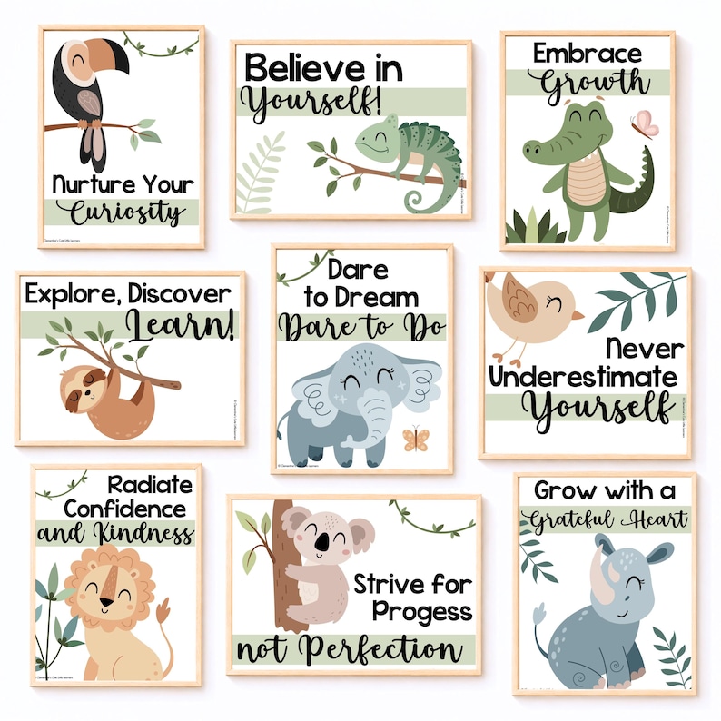 Collection of jungle-themed motivational classroom posters featuring adorable safari animals including a toucan, chameleon, crocodile, sloth, elephant, bird, lion, koala, and rhinoceros. Inspirational growth mindset quotes encourage confidence, perseverance, curiosity, kindness, learning, and self-belief. Perfect for jungle classroom decor, elementary classrooms, preschool learning spaces, counseling offices, bulletin boards, SEL activities, and positive classroom environments.