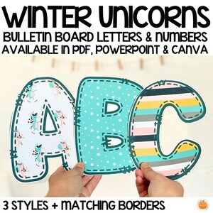 Winter Unicorns Lettering for Bulletin Board Titles / Classroom Decor and Door Decor, Use in PDF, PowerPoint or Canva Template, Printable