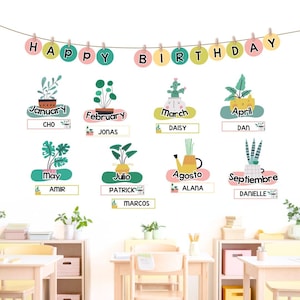 Exhibición de cumpleaños de huerto urbano, tablero de anuncios de cumpleaños editable y decoración para el aula, gráficos de cumpleaños en inglés y español