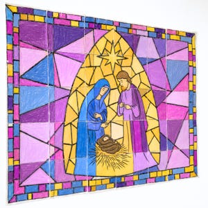 Collaborative Poster Stained Glass Nativity Christmas Classroom Church Art Project Bulletin Board Group Activity